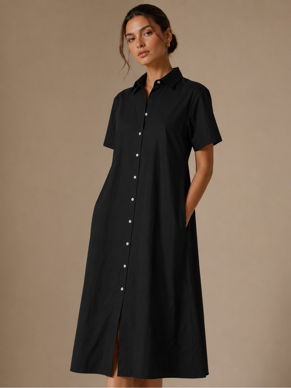 Lady Captain Black Utility Button Front Midi Shirt Dress Size Large